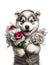 Smiling husky puppy dog with a bouquet of flowers for Mothers day or birthday present.