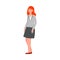 Smiling insecure standing woman in blazer and skirt flat cartoon style