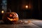 Smiling jack-o-lantern pumpkin on wooden table