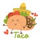 Smiling kawaii eyed taco dancing Mexican sombrero hat. Cartoon vector illustration isolated on white background. Humanized Mexican