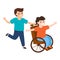 Smiling kids boy walking with disabled boy sitting in wheelchair. Children`s friendship. Vector illustration isolated.