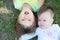 Smiling kids lying on grass in summer. Children: Toddler and baby portrait having fun. Little sisters. Happy childhood