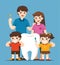 Smiling Kids with parents standing next to big white tooth. They are holding toothbrush showing healthy clean tooth.