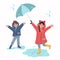 Smiling kids in raincoats and rubber boots jumping in rainy day.