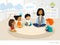 Smiling kindergarten teacher and children sitting in circle and meditating. Preschool activities and early childhood education con