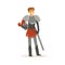 Smiling knight standing with sword, European medieval character colorful vector Illustration