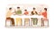 Smiling Korean family eating national food sitting at table vector flat illustration. Happy people at festive dinner