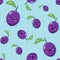 Smiling and laughing cute cartoon plums, seamless background with the fruits and the hearts