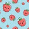 Smiling and laughing cute cartoon raspberries, seamless background with the fruits and the hearts