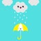 Smiling laughing umbrella. Cute cartoon kawaii cloud with rain drops. Showing tongue emotion. Eyes and mouth. Isolated. Blue sky b
