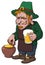 Smiling leprechaun with beer cup and pot of gold