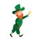 Smiling leprechaun holds coin in his hand.