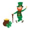 Smiling leprechaun holds a coin in his hand and pot of gold.