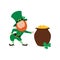 Smiling leprechaun and pot of gold.