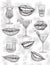 Smiling Lips Expressions With Multiple Drinking Glass Colorless Line Drawing. Different Alcoholic Drink Cups Mouth And
