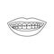 Smiling lips with teeth and braces. Black outline on white background. Vector illustration. EPS10