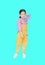 Smiling little Asian kid girl in pink-yellow dungarees poses touched hair keep back isolated on cyan background. Full length of