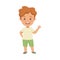 Smiling Little Boy Character in Green Shorts in Standing Pose Waving Hand Front View Vector Illustration