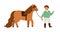 Smiling little boy walking with pony holding bridle vector flat illustration. Happy male child spending time with cute