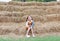 Smiling of little child girl and warm clothes sitting on pile of straw on a winter season