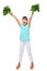 Smiling little girl showing fresh parsley screaming of joy