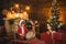 Smiling little Santa helper boy looks at clock and waiting for New Year midnight at luxury Christmas decorated