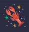 Smiling lobster isolated on dark background. Amusing happy marine animal, crustacean, cute funny underwater creature