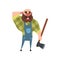 Smiling lumberjack holding axe, other hand at back of his bald head. Cartoon bearded man character in blue coveralls and