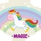 Smiling Magic Unicorn Cartoon Mascot Character Running Around Rainbow With Clouds