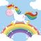 Smiling Magic Unicorn Cartoon Mascot Character Running Around Rainbow With Clouds