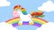 Smiling Magic Unicorn Cartoon Mascot Character Running Around Rainbow With Clouds