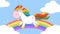 Smiling Magic Unicorn Cartoon Mascot Character Running Around Rainbow With Clouds