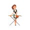 Smiling maid housemaid ironing clothes on an ironing board, housemaid character wearing classic uniform with black dress