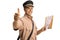 Smiling mailman holding a letter and gesturing a thumb up sign