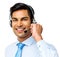 Smiling Male Call Center Representative Wearing Headset