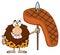 Smiling Male Caveman Cartoon Mascot Character Holding A Spear With Big Grilled Steak