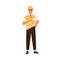 Smiling male construction engineer vector flat illustration. Happy industrial worker in uniform and hard hat holding