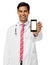 Smiling Male Doctor Showing Smart Phone