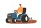 Smiling male farmer working on tractor vector flat illustration. Man driving heavy agricultural machinery for plowing