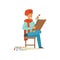 Smiling male painter artist character wearing red beret sittting on the chair and painting on canvas vector Illustration