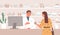 Smiling male pharmacist consulting female customer standing at counter in pharmacy vector flat illustration. Friendly