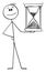 Smiling Man or Businessman Holding Hourglass or Sandglass, Vector Cartoon Stick Figure Illustration