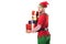 smiling man in christmas elf costume looking at camera and carrying pile of presents isolated