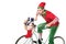 smiling man in christmas elf costume riding bike and transporting presents in basket isolated