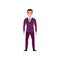 Smiling man in classic purple suit standing isolated on white background. Young guy in formal clothes. Flat vector