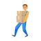 Smiling man courier in blue uniform carry delivery boxes.