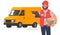 Smiling man courier with parcel on the background of a lorry. Vector illustration