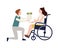 Smiling man giving bouquet of flowers to disabled woman sitting in wheelchair. Girl with physical disorder or impairment