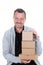 Smiling man presenting holding many parcel boxes package on white background