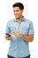 Smiling Man Reading Text Message On Smart Phone